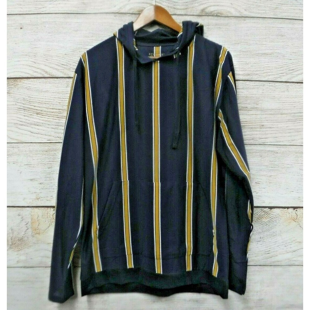 Straight Faded Hooded Shirt Mens Large Blue & Gold Striped Skinny Fit New
